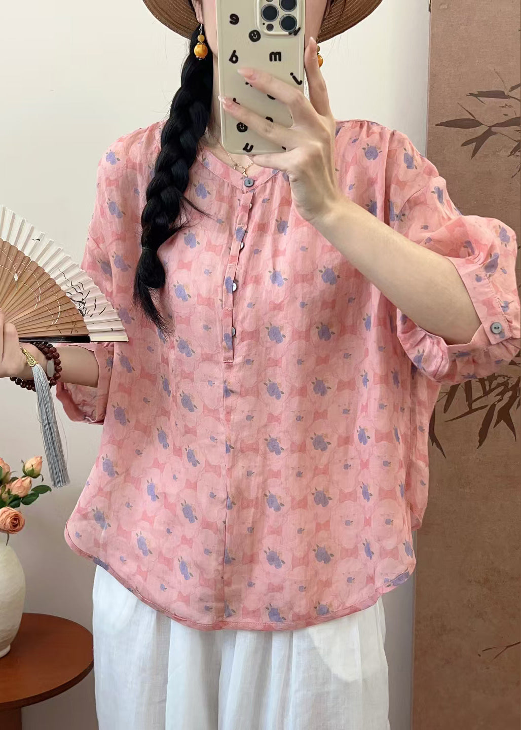 Simple Pink Oversized Print Linen Shirt Summer