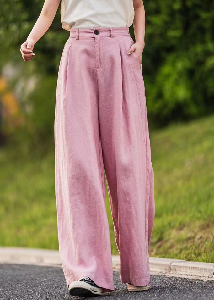 Simple Pink Pockets High Waist Linen Straight Pants Summer