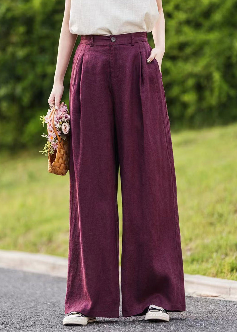 Simple Pink Pockets High Waist Linen Straight Pants Summer