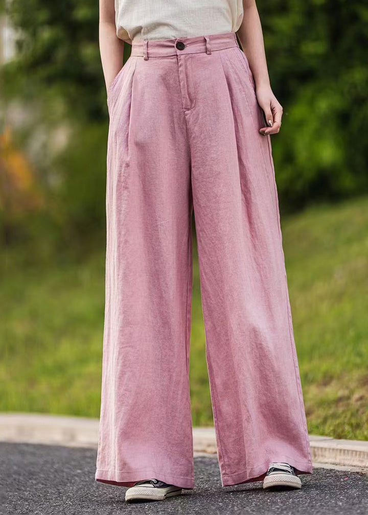 Simple Pink Pockets High Waist Linen Straight Pants Summer