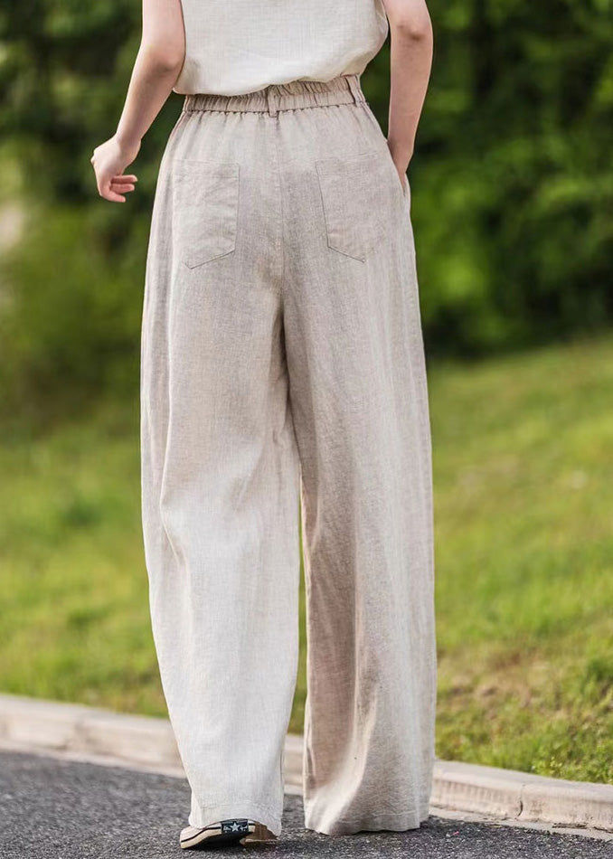 Simple Pink Pockets High Waist Linen Straight Pants Summer
