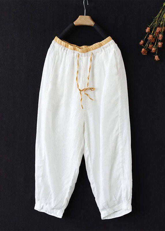 Simple Pink Pockets Lace Up Elastic Waist Linen Crop Pants Summer