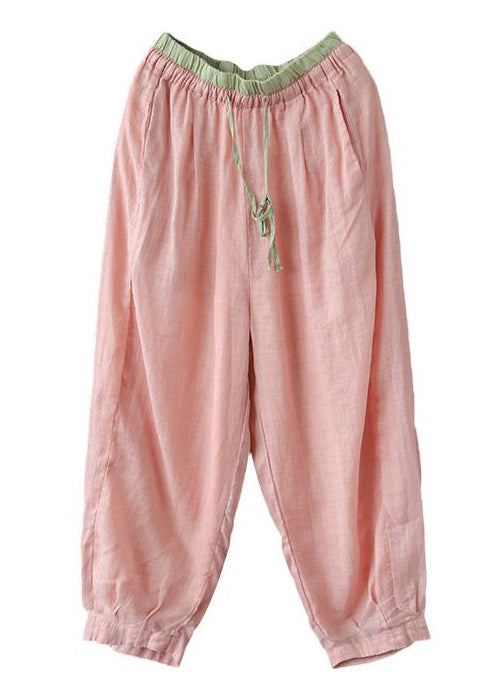 Simple Pink Pockets Lace Up Elastic Waist Linen Crop Pants Summer
