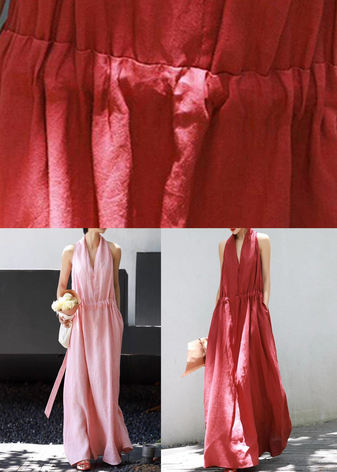 Simple Pink Pockets Tie Waist Linen Long Dresses Sleeveless