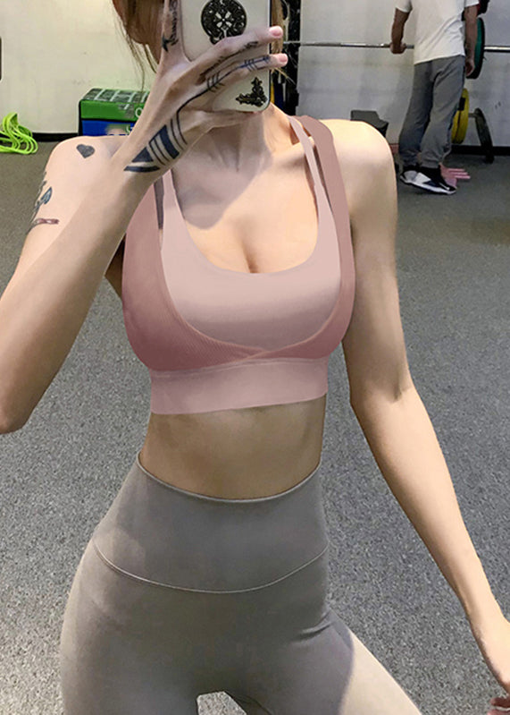 Simple Pink U Neck Patchwork Bra Crop Top