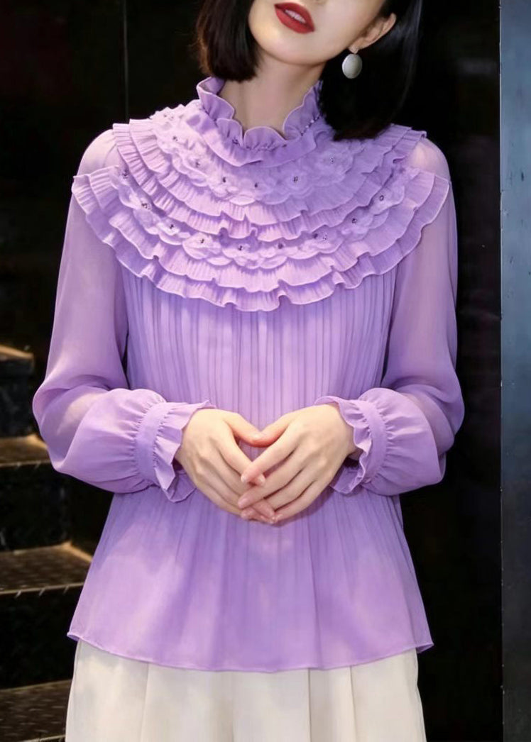 Simple Purple Mock Neck Nail Bead Layered Ruffled Chiffon Shirt Fall