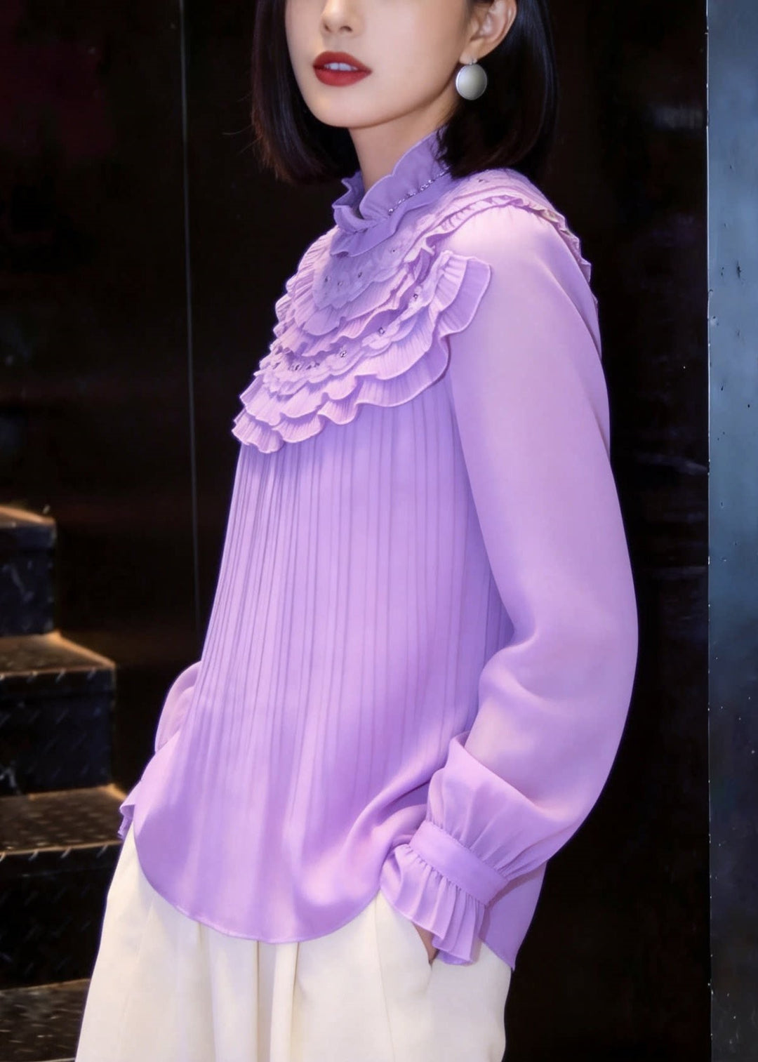 Simple Purple Mock Neck Nail Bead Layered Ruffled Chiffon Shirt Fall