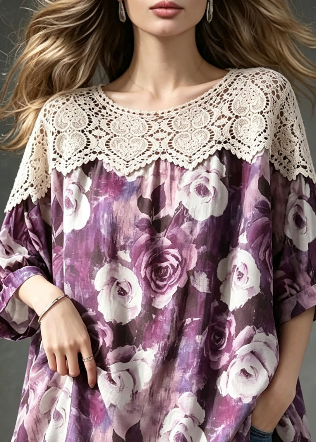 Simple Purple O-Neck Lace Patchwork Print Shirt Top Summer