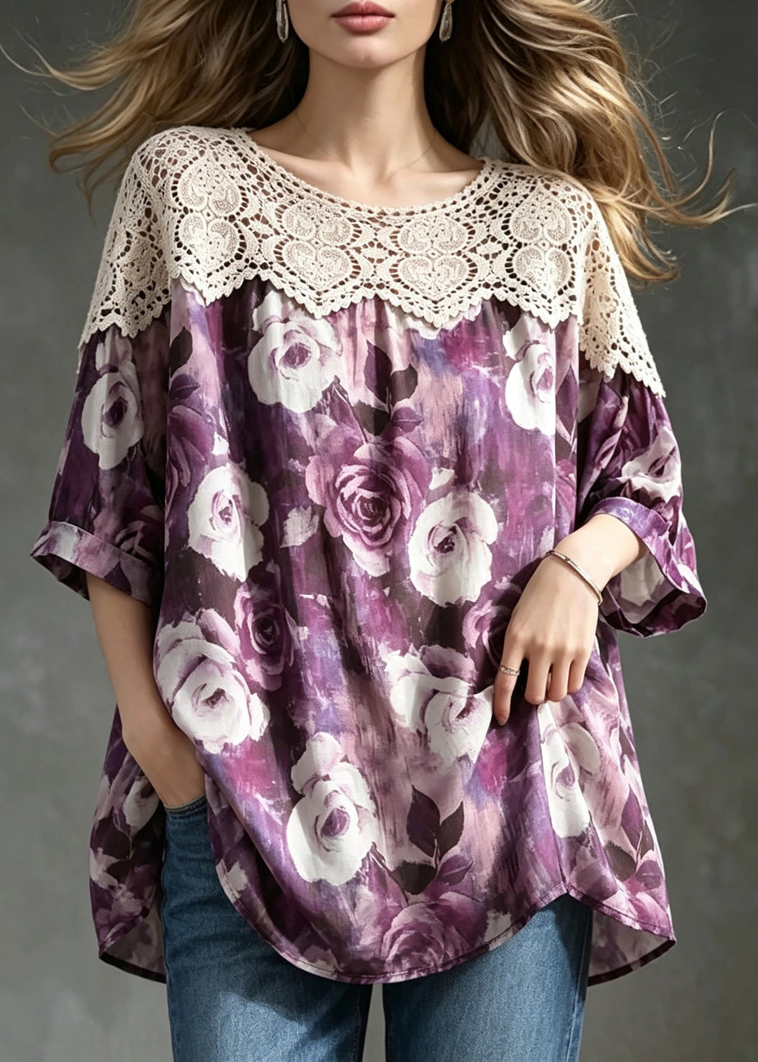 Simple Purple O-Neck Lace Patchwork Print Shirt Top Summer