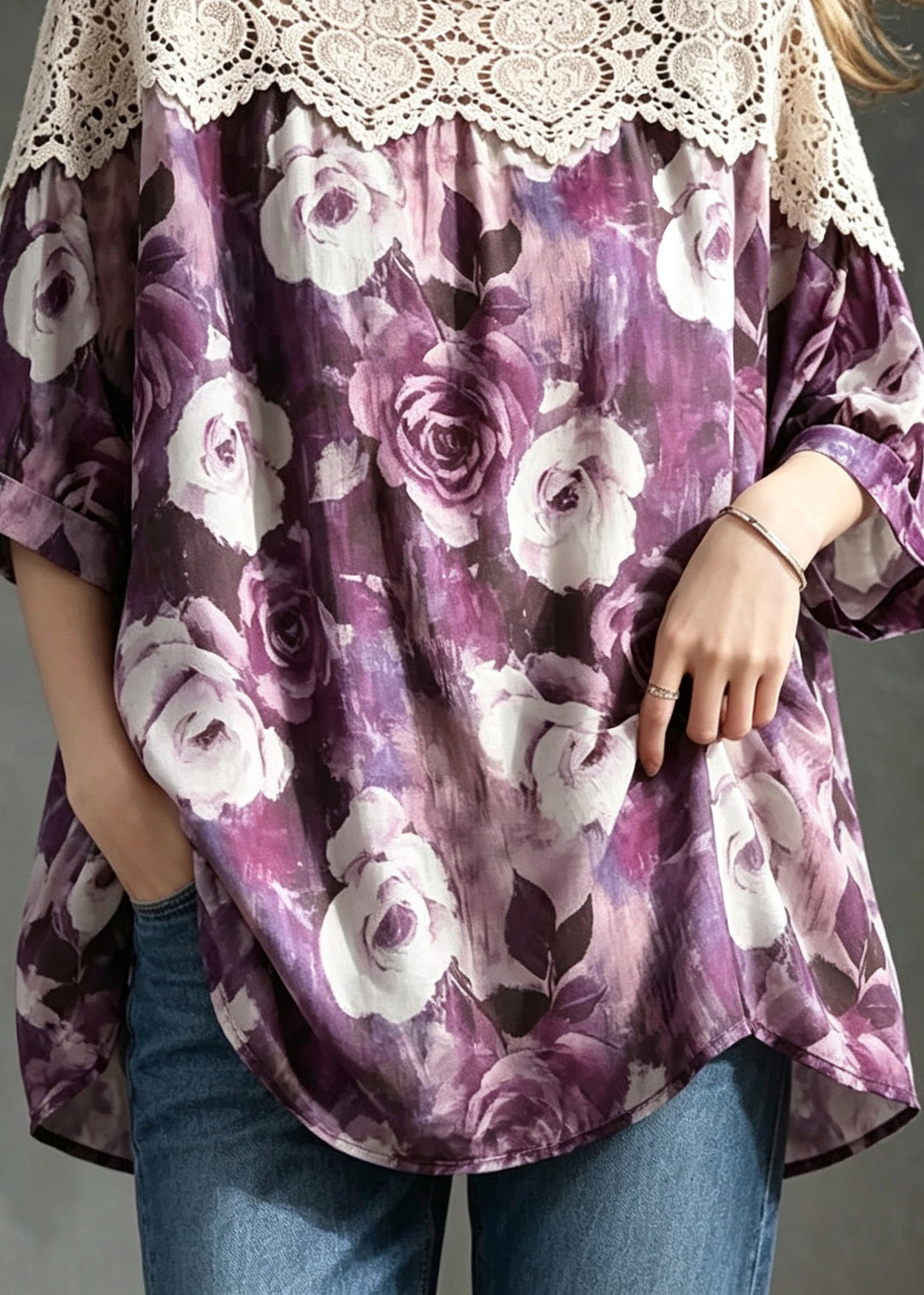 Simple Purple O-Neck Lace Patchwork Print Shirt Top Summer
