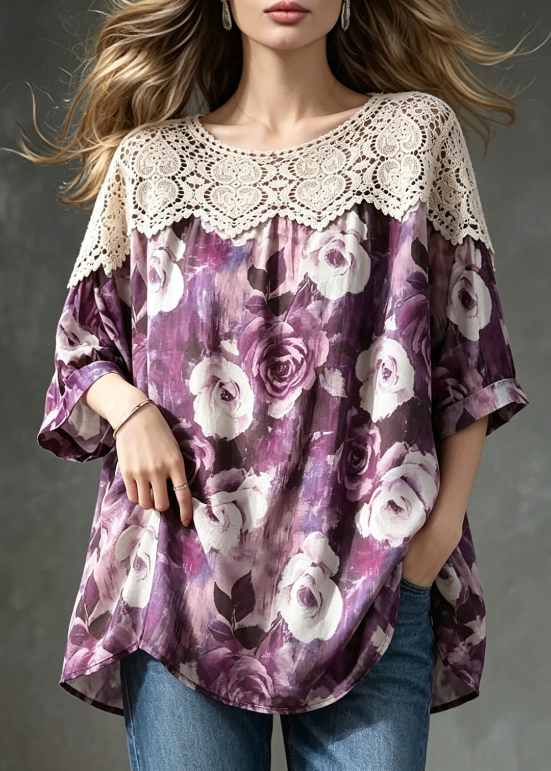Simple Purple O-Neck Lace Patchwork Print Shirt Top Summer