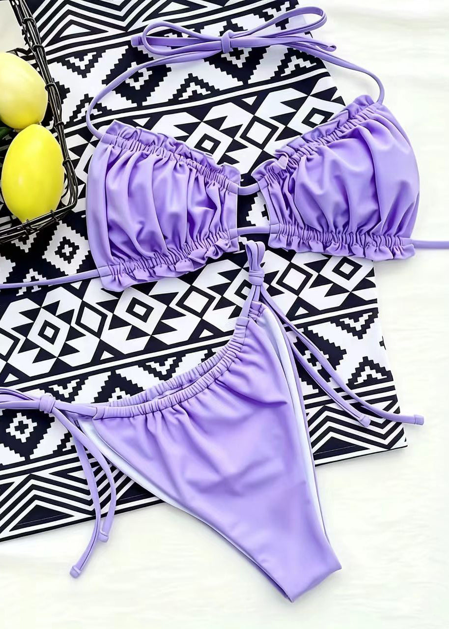 Simple Purple Ruffled Swimwear Two Piece Sets