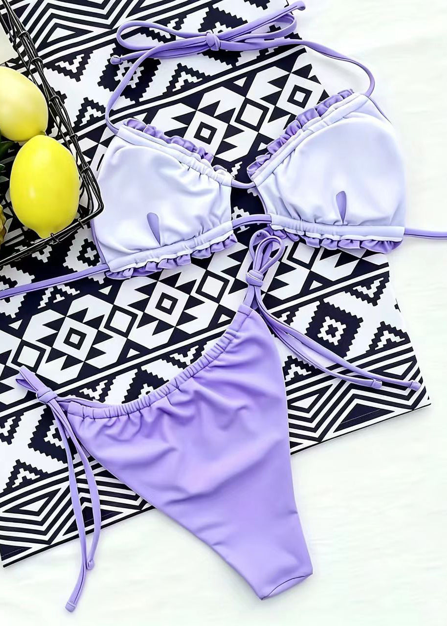 Simple Purple Ruffled Swimwear Two Piece Sets