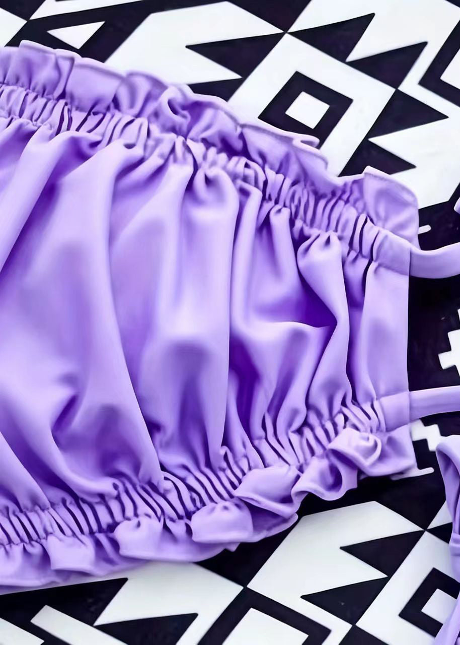Simple Purple Ruffled Swimwear Two Piece Sets