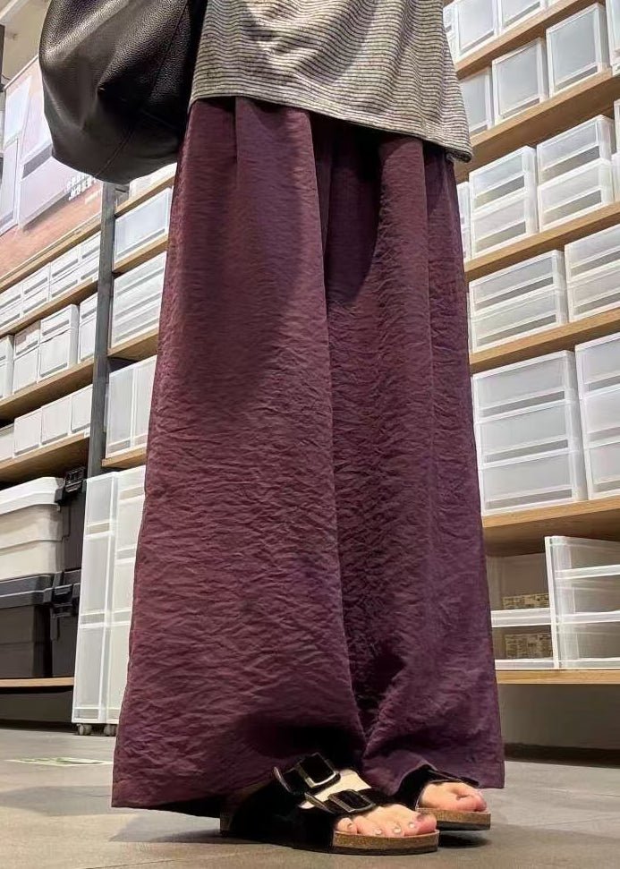Simple Purple Solid Elastic Waist Cotton Wide Leg Pants Fall