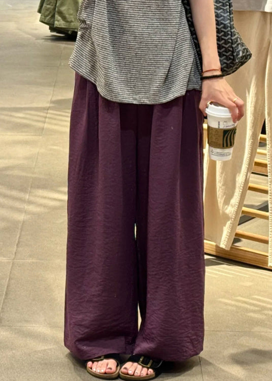 Simple Purple Solid Elastic Waist Cotton Wide Leg Pants Fall