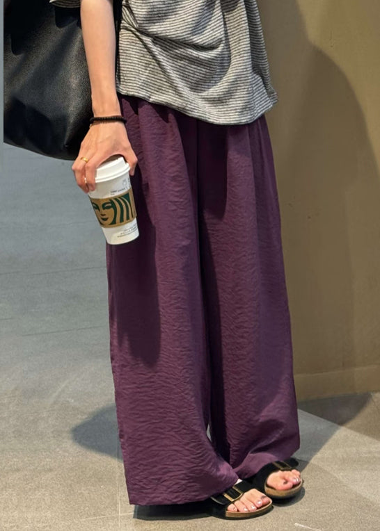 Simple Purple Solid Elastic Waist Cotton Wide Leg Pants Fall