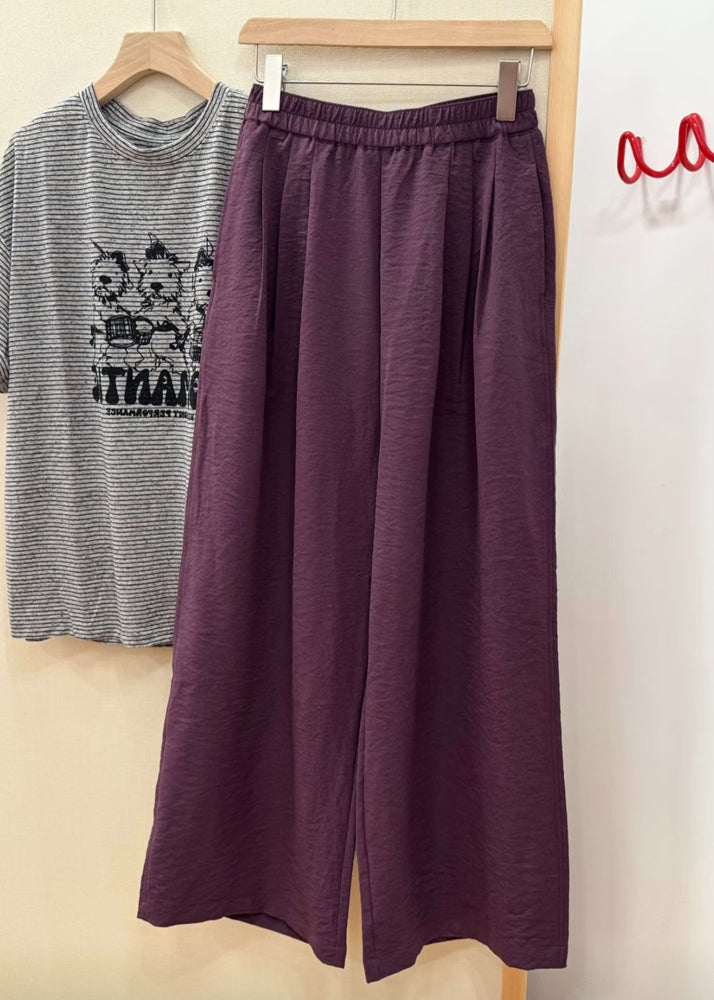 Simple Purple Solid Elastic Waist Cotton Wide Leg Pants Fall