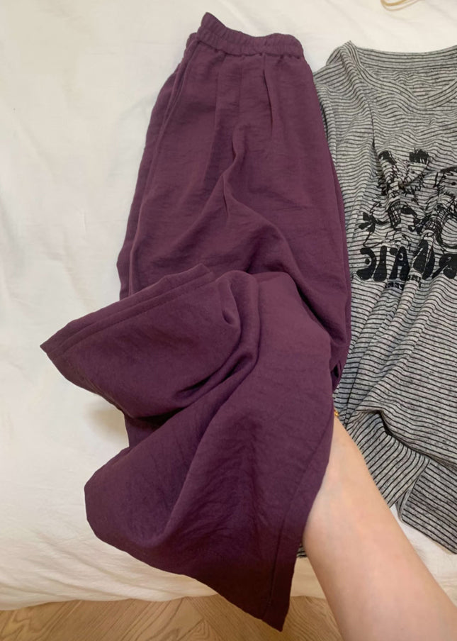 Simple Purple Solid Elastic Waist Cotton Wide Leg Pants Fall