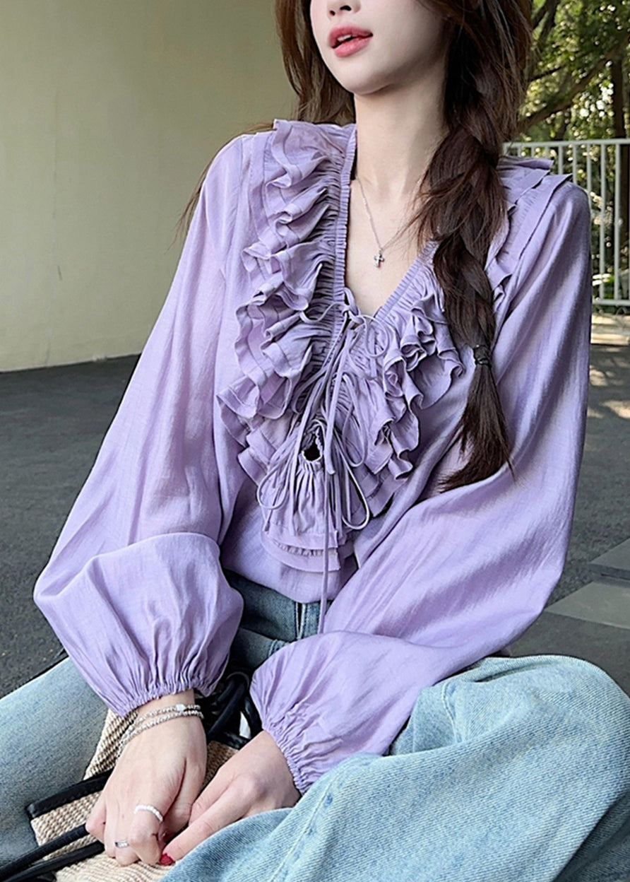 Simple Purple V Neck Ruffled Tie Lace Tops Lantern Sleeve