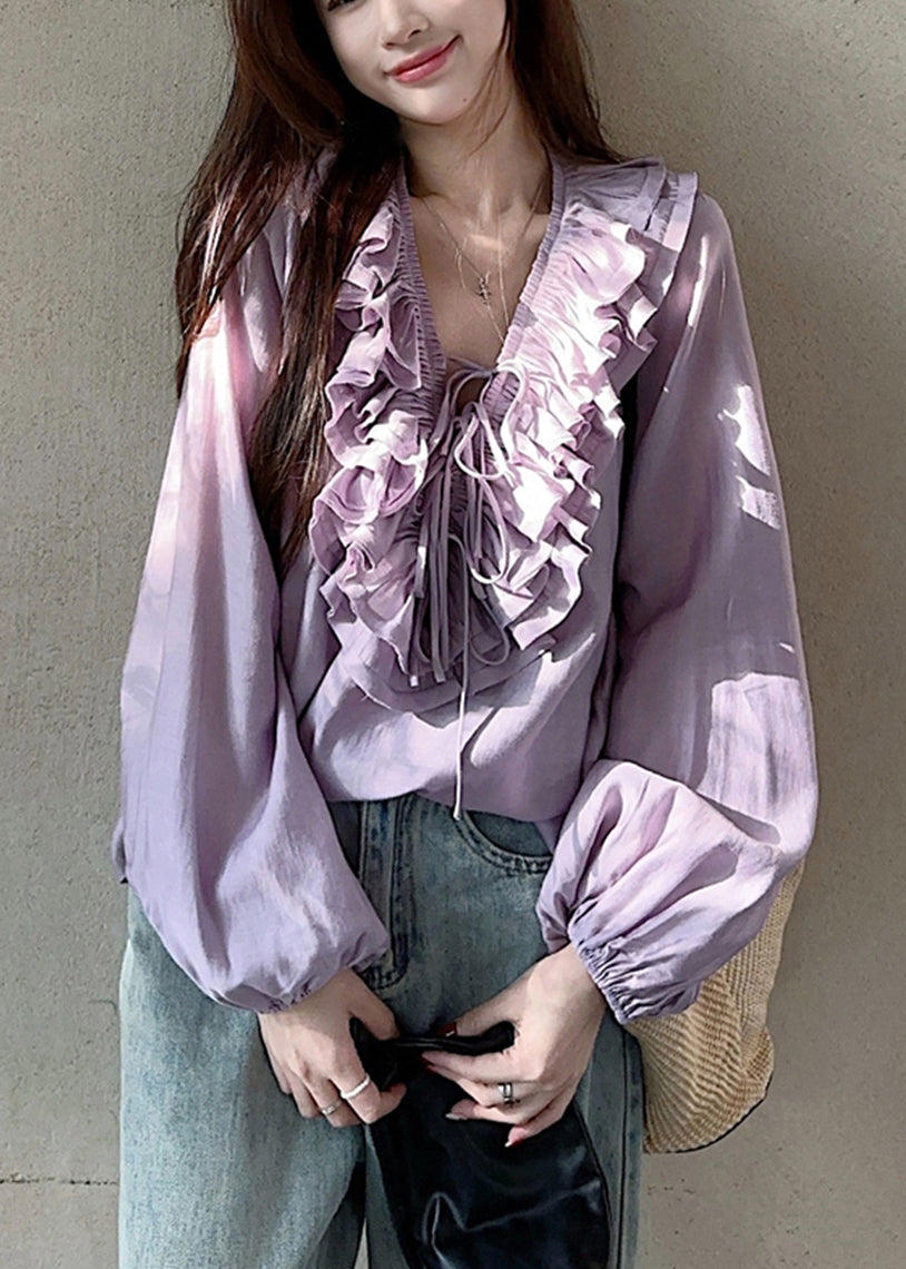 Simple Purple V Neck Ruffled Tie Lace Tops Lantern Sleeve