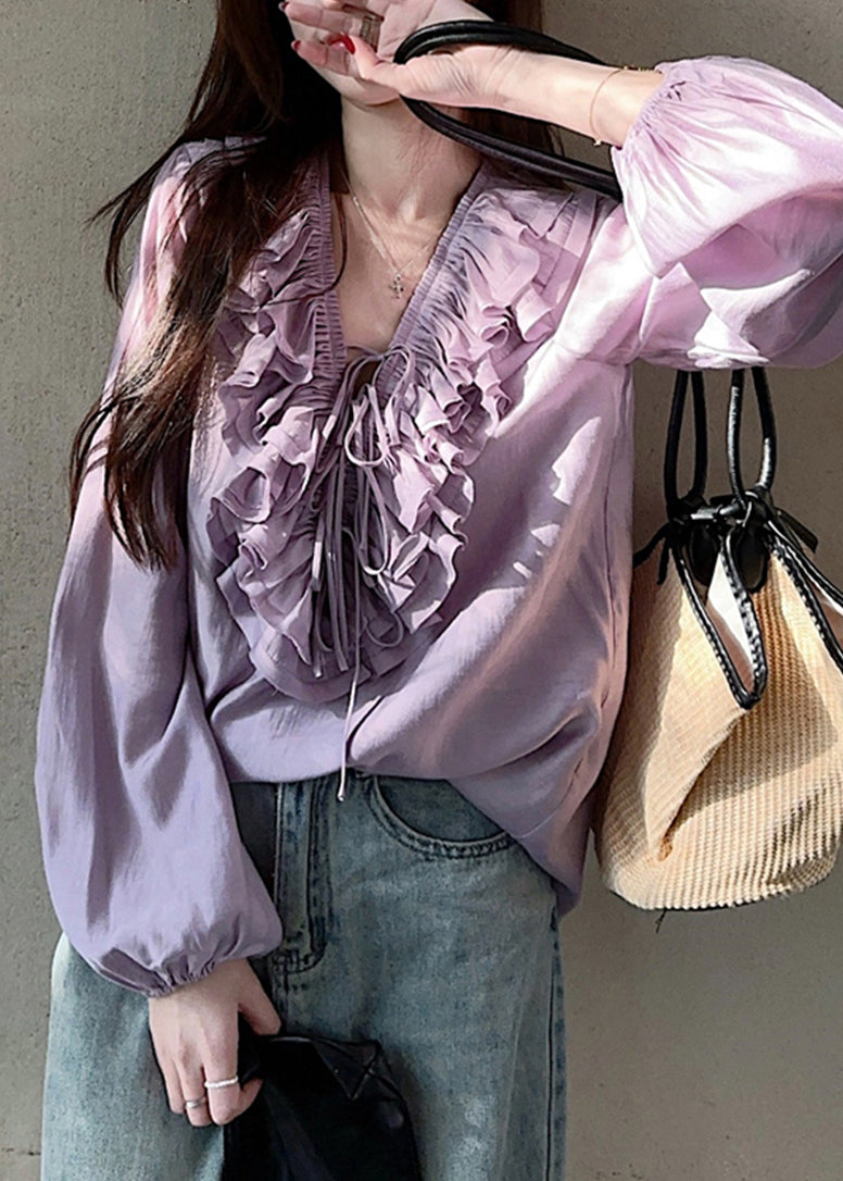 Simple Purple V Neck Ruffled Tie Lace Tops Lantern Sleeve