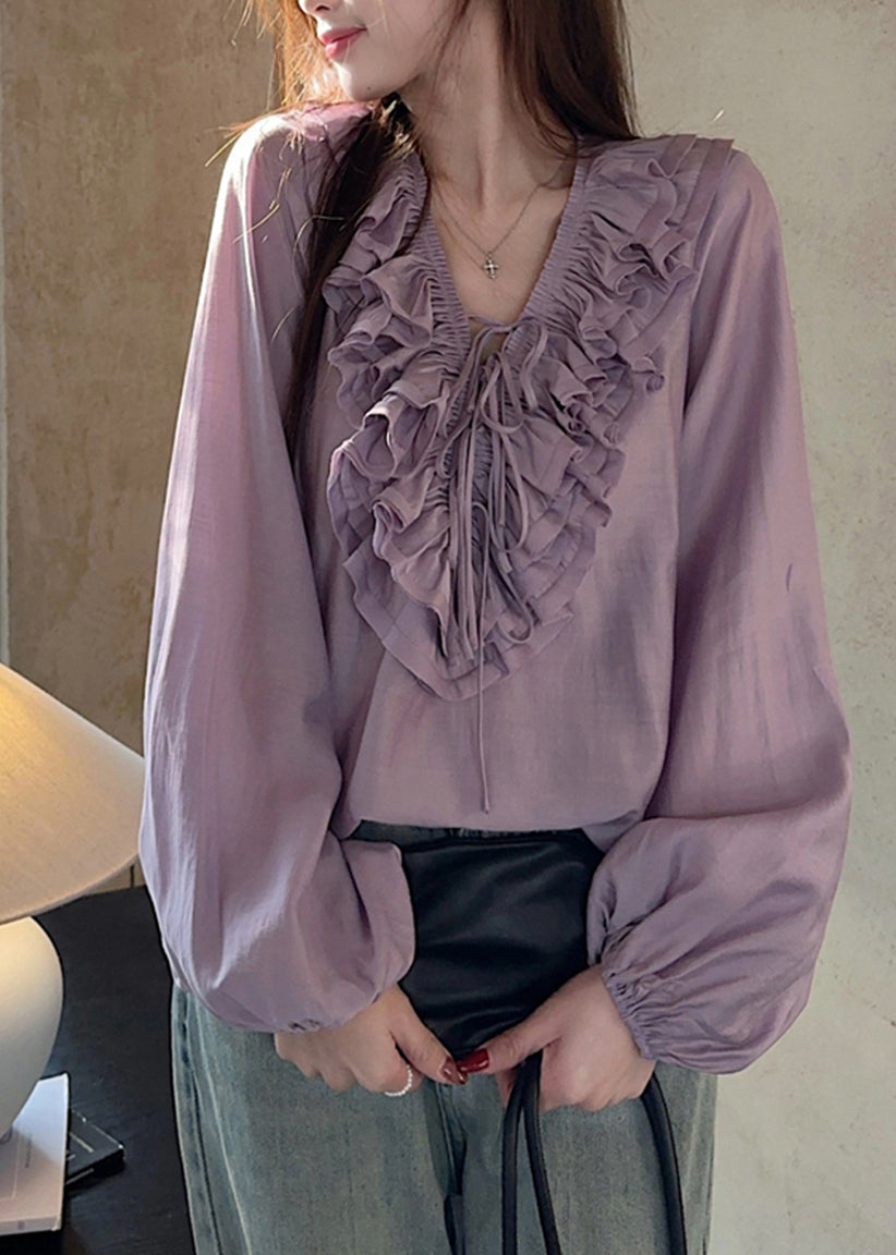 Simple Purple V Neck Ruffled Tie Lace Tops Lantern Sleeve