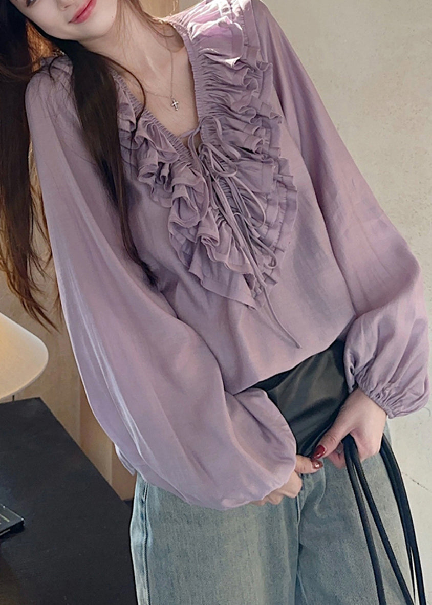 Simple Purple V Neck Ruffled Tie Lace Tops Lantern Sleeve