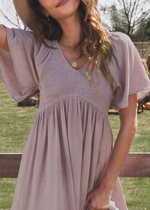 Simple Purple V Neck Wrinkled Solid Cotton Dresses Summer