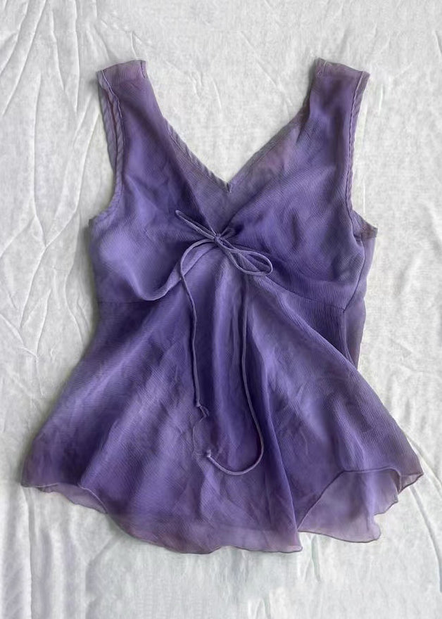 Simple Purple V Neck lace Up Solid Cotton Tank Sleeveless