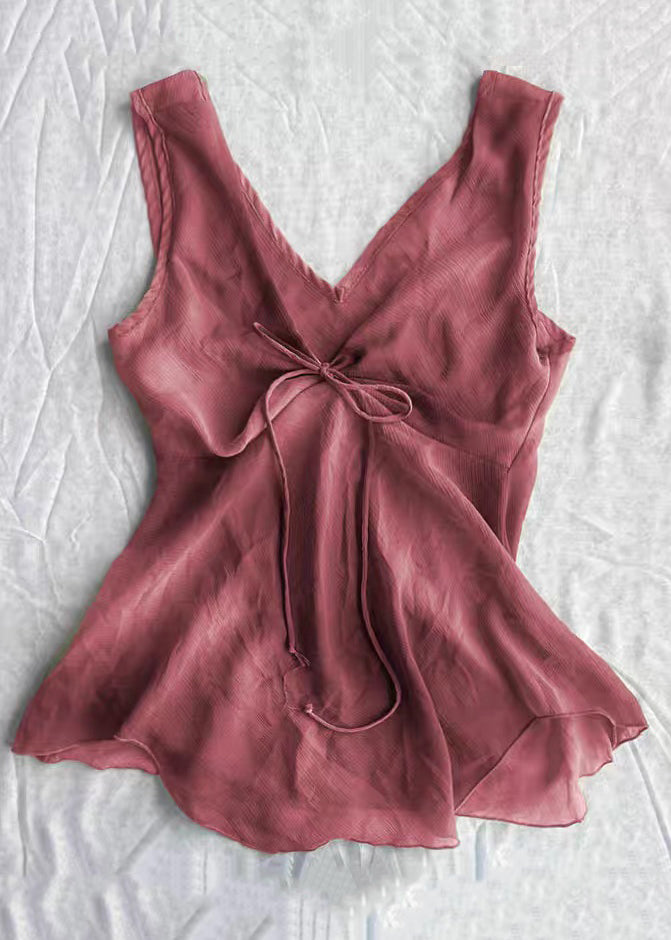 Simple Purple V Neck lace Up Solid Cotton Tank Sleeveless