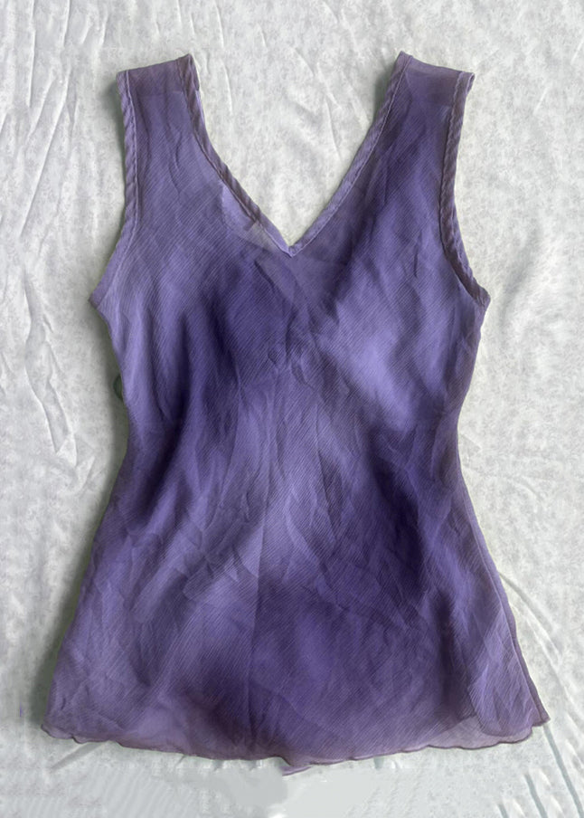 Simple Purple V Neck lace Up Solid Cotton Tank Sleeveless