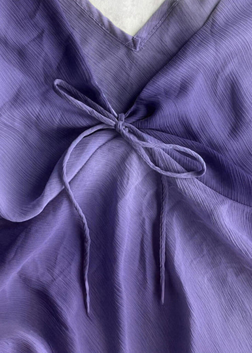 Simple Purple V Neck lace Up Solid Cotton Tank Sleeveless
