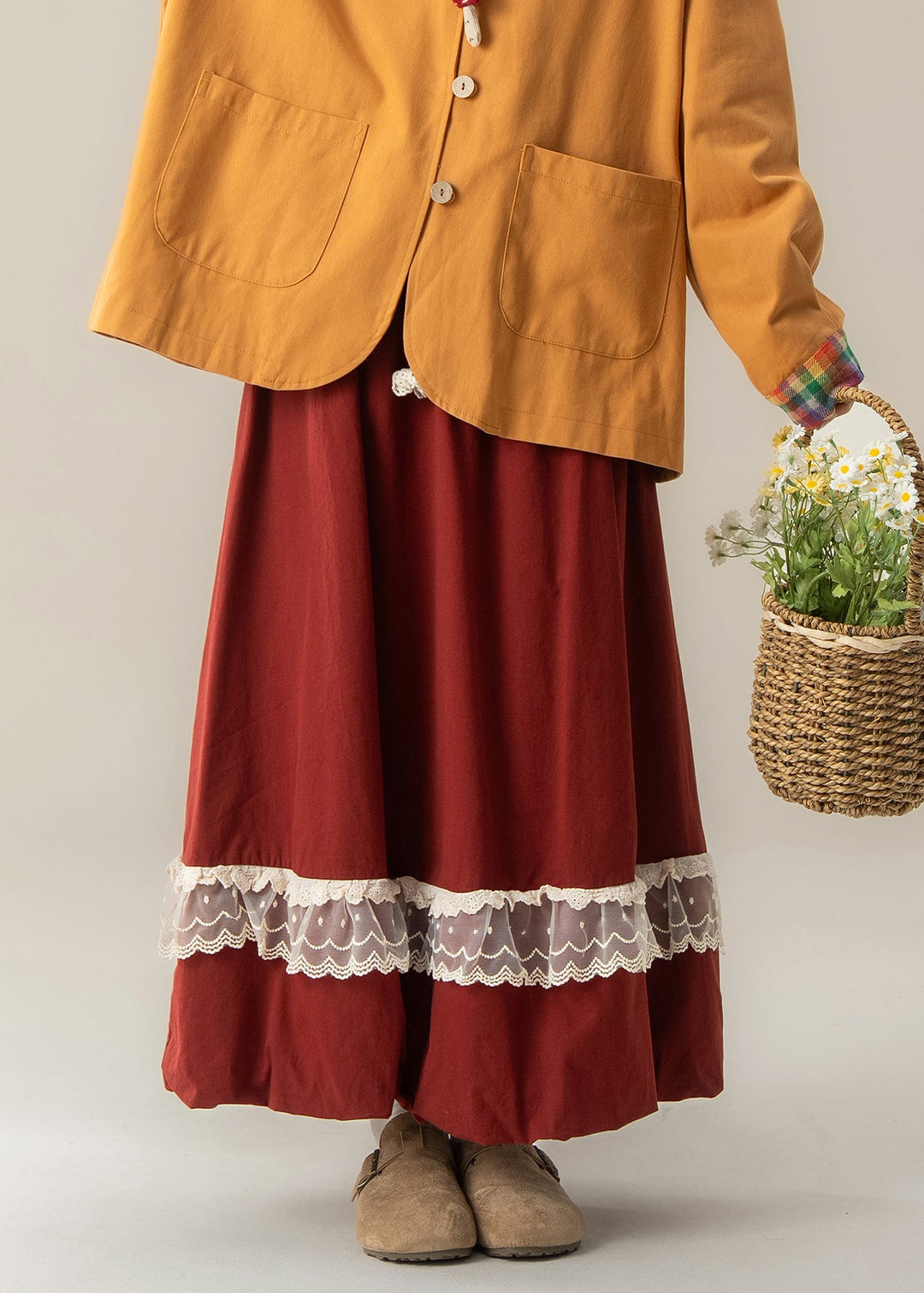 Simple Red Elastic Waist Patchwork Lace Holiday Skirt Spring