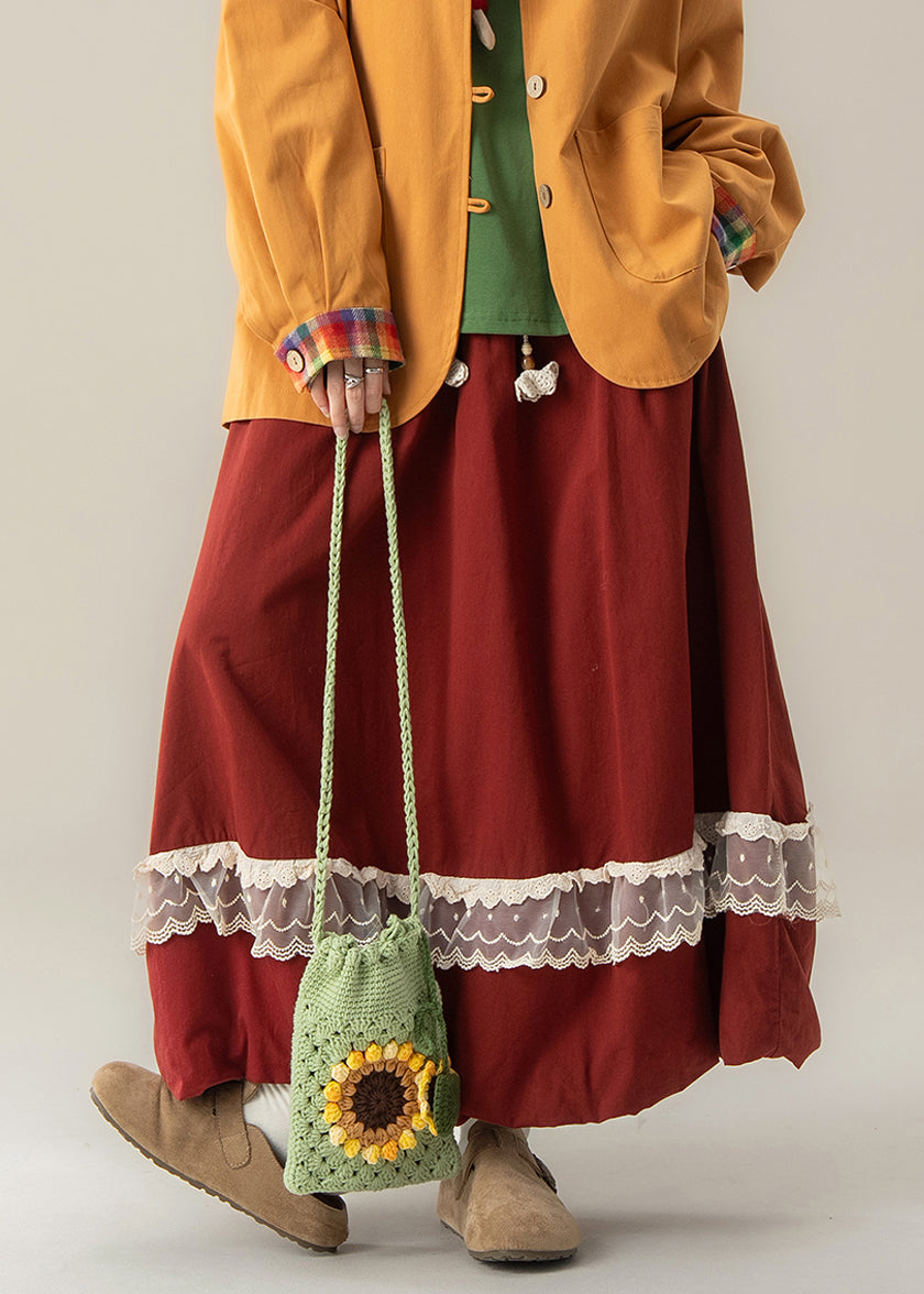 Simple Red Elastic Waist Patchwork Lace Holiday Skirt Spring