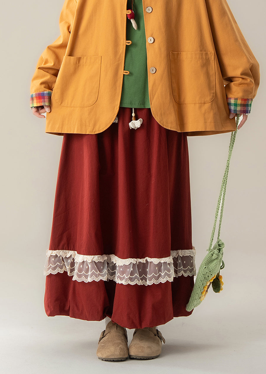 Simple Red Elastic Waist Patchwork Lace Holiday Skirt Spring