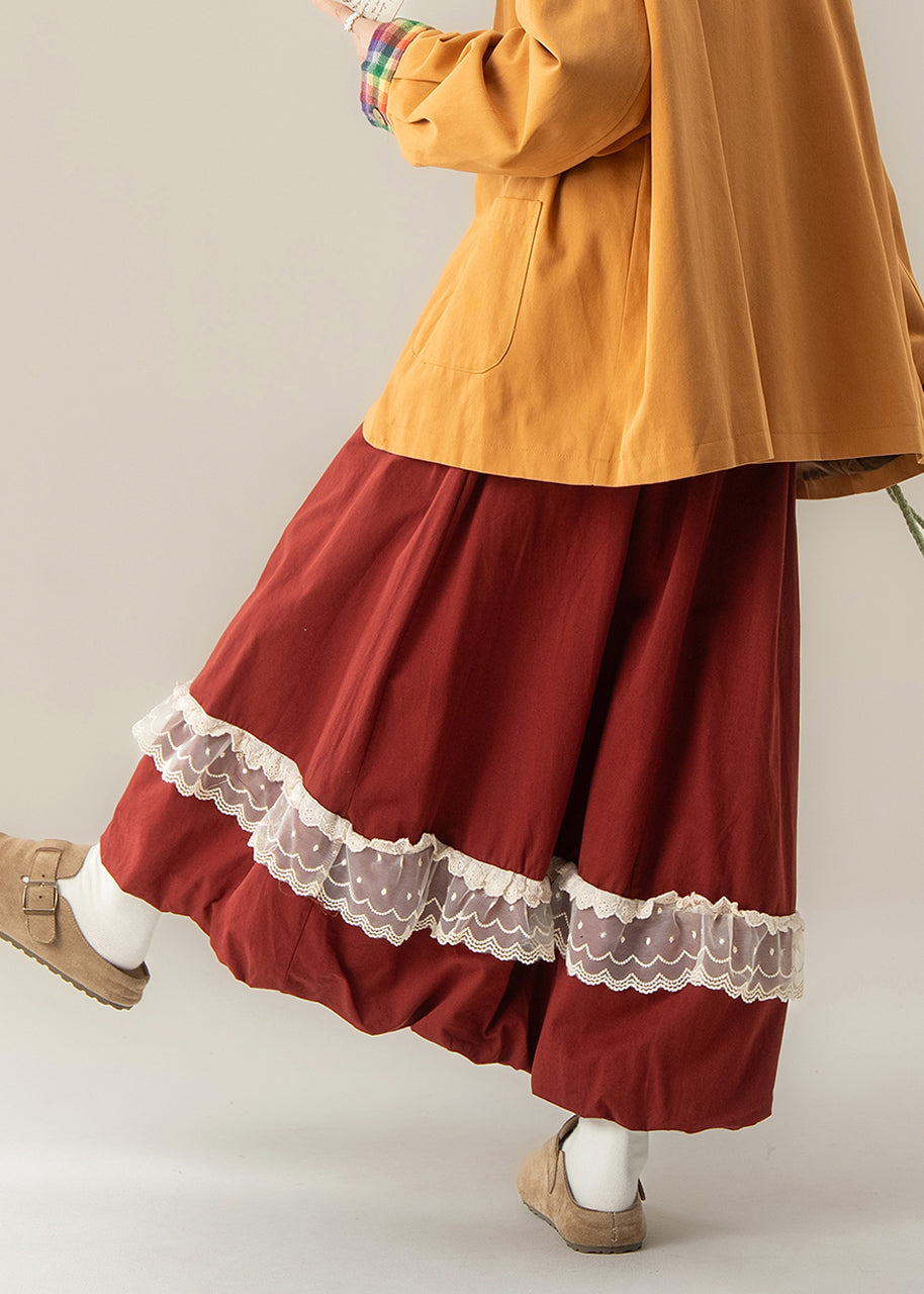 Simple Red Elastic Waist Patchwork Lace Holiday Skirt Spring