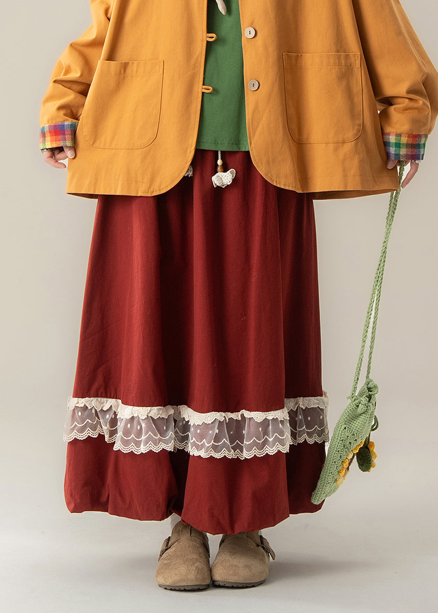 Simple Red Elastic Waist Patchwork Lace Holiday Skirt Spring