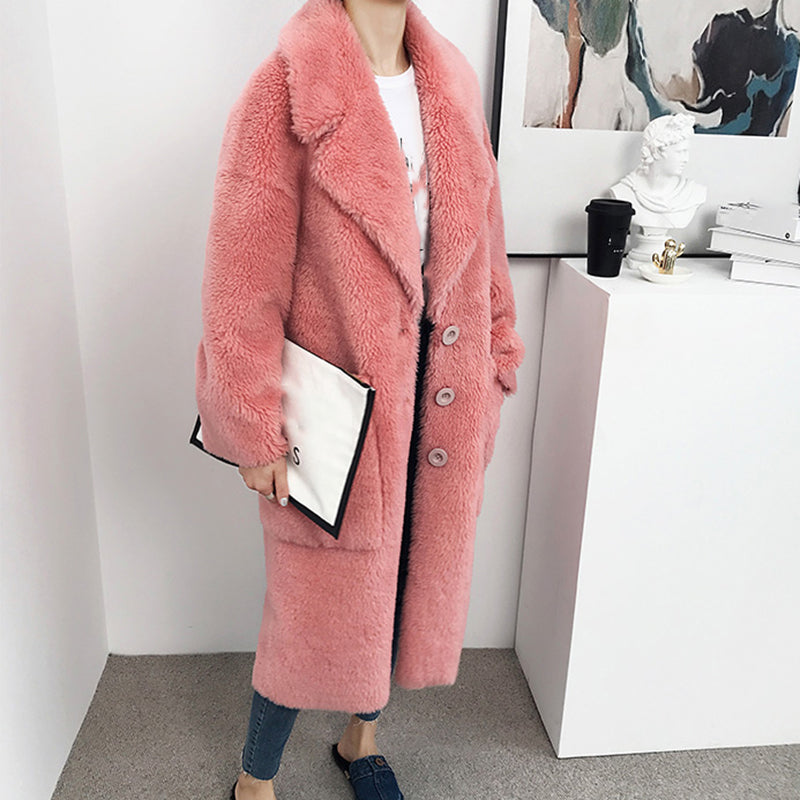 Simple Red Notched Pockets Pockets Faux Fur Long Coats Winter