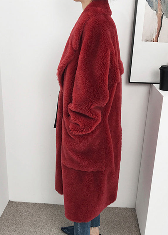 Simple Red Notched Pockets Pockets Faux Fur Long Coats Winter