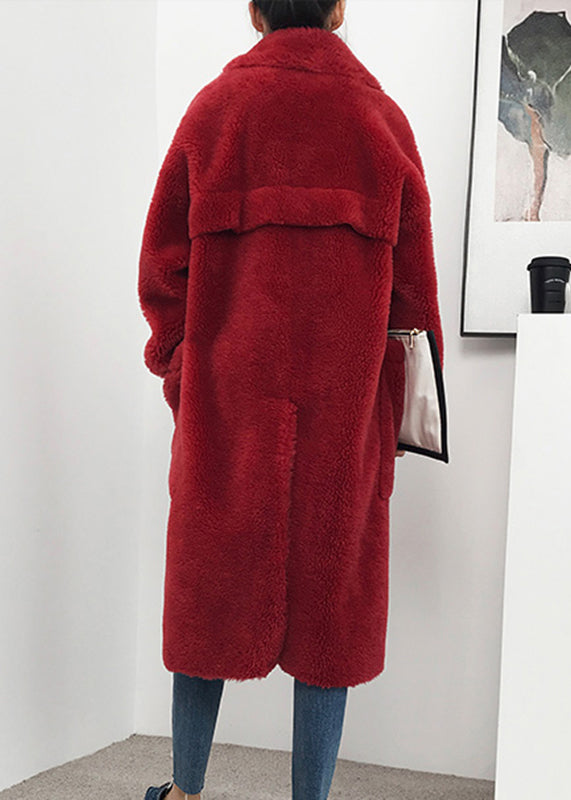 Simple Red Notched Pockets Pockets Faux Fur Long Coats Winter