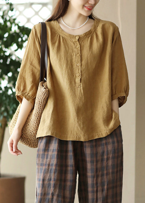 Simple Red O Neck Button Cotton Shirts Bracelet Sleeve