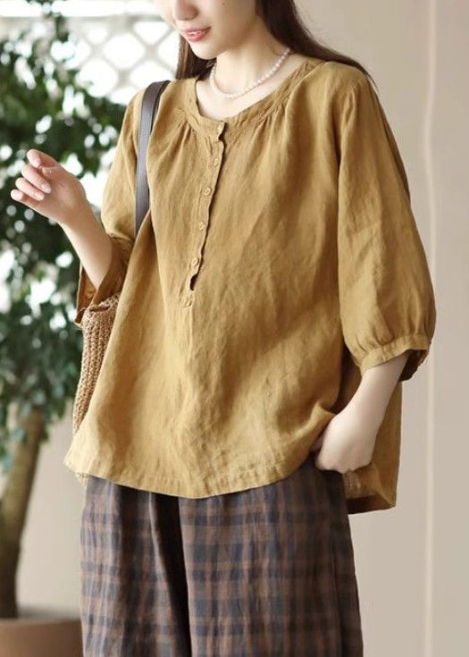 Simple Red O Neck Button Cotton Shirts Bracelet Sleeve