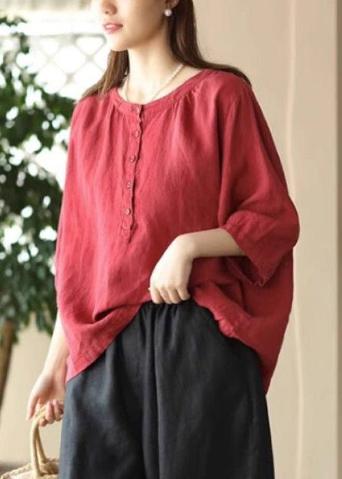 Simple Red O Neck Button Cotton Shirts Bracelet Sleeve