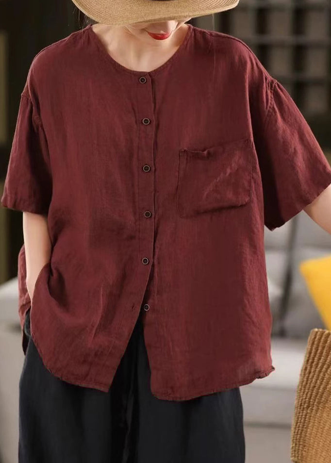 Simple Red O Neck Button Pockets Linen Shirt Summer