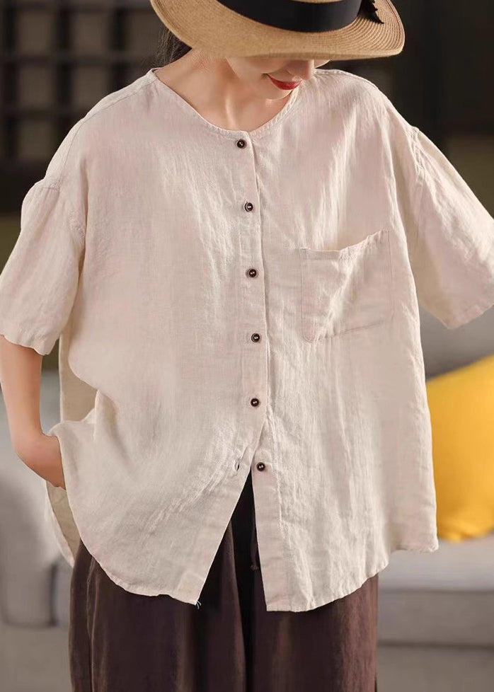 Simple Red O Neck Button Pockets Linen Shirt Summer