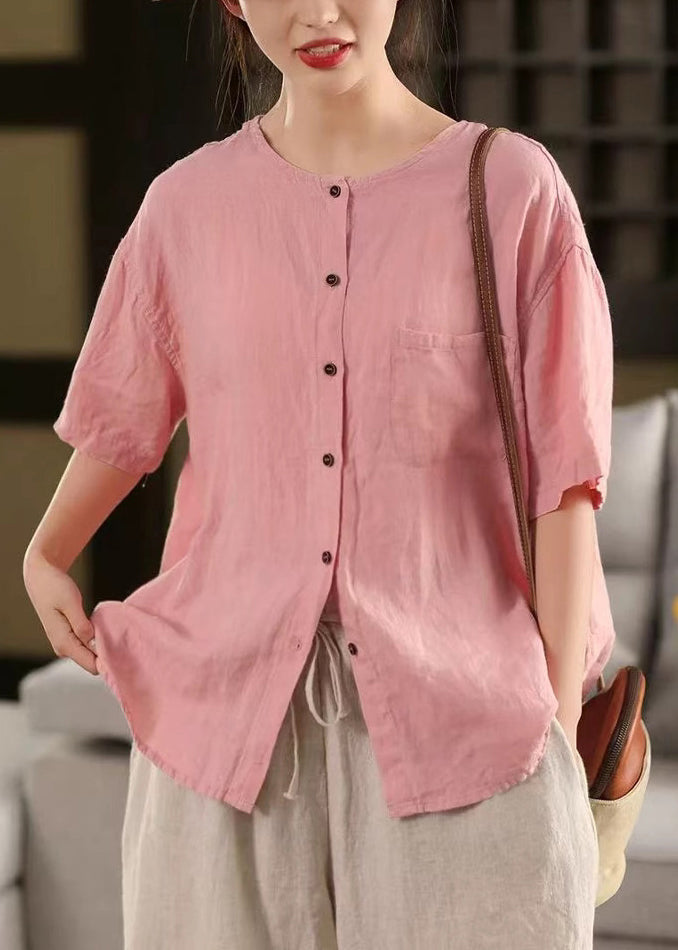 Simple Red O Neck Button Pockets Linen Shirt Summer