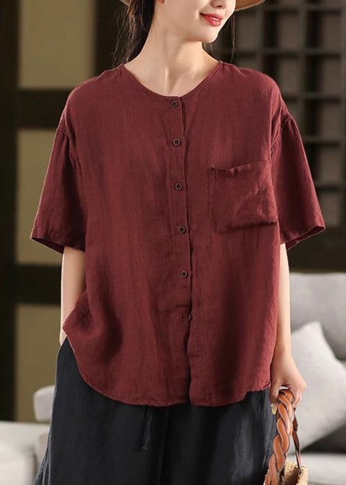 Simple Red O Neck Button Pockets Linen Shirt Summer