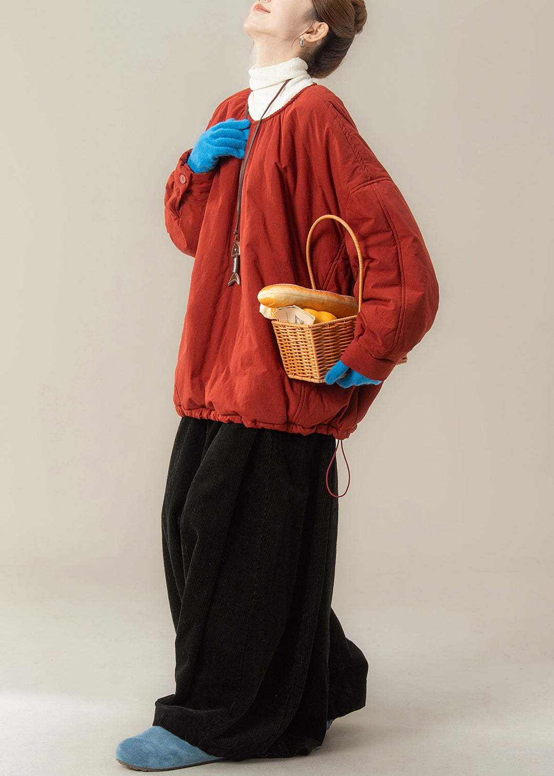 Simple Red O Neck Fine Cotton Filled Top And Pants Two Piece Set Winter