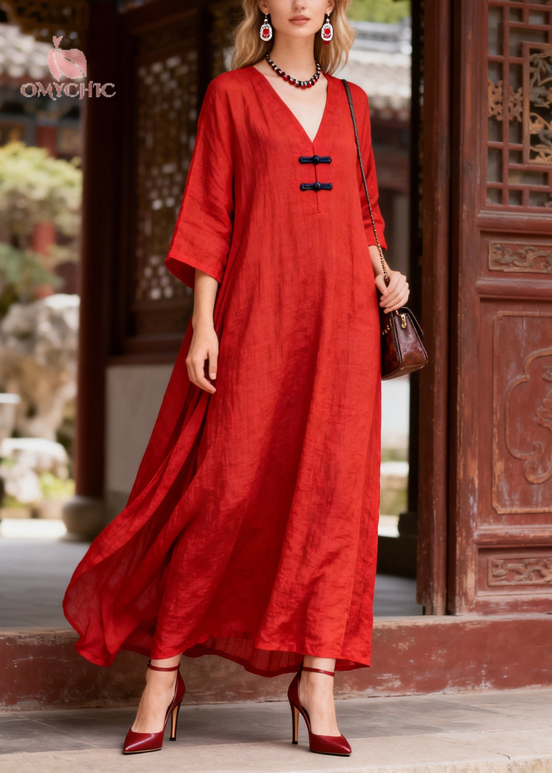 Simple Red Oversized Chinese Button Cotton Party Dress Bracelet Sleeve